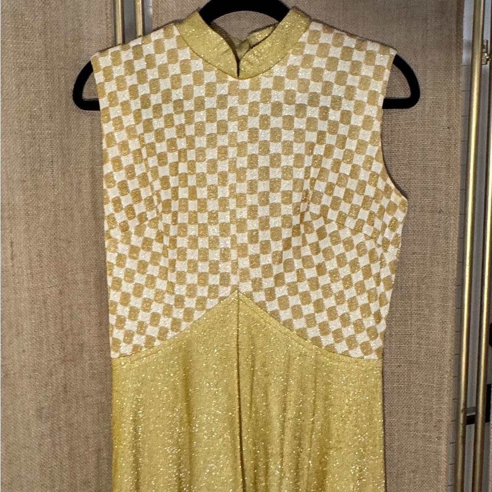 Vintage Shimmery 70’s Gold Checkered maxi Dress Gown